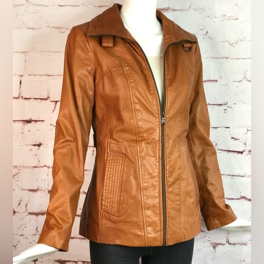 ANDREW MARC XS Caramel Brown British Cafe Racer Leather Moto Jacket Size XS - Picture 2 of 16